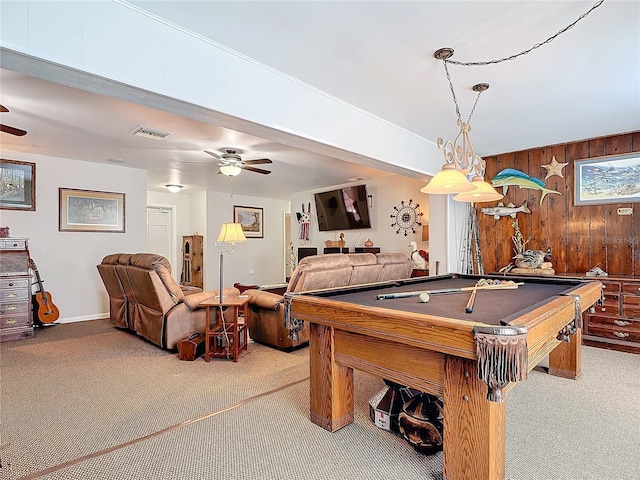 rec room featuring carpet, visible vents, a ceiling fan, and pool table