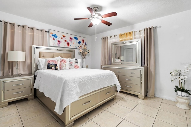 bedroom featuring light tile patterned floors and ceiling fan