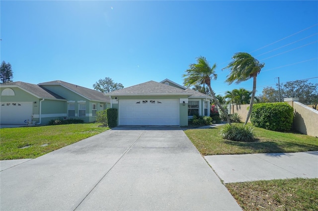 ranch-style home with a garage, concrete driveway, fence, a front yard, and stucco siding