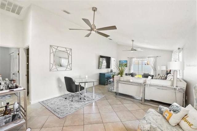 living room with visible vents, ceiling fan, and light tile patterned floors