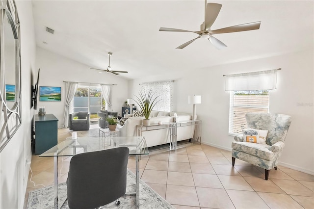 dining space featuring light tile patterned floors, visible vents, baseboards, lofted ceiling, and ceiling fan