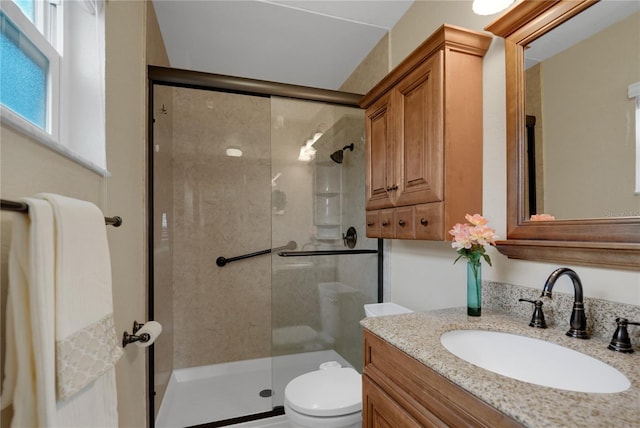 full bathroom featuring toilet, a stall shower, and vanity