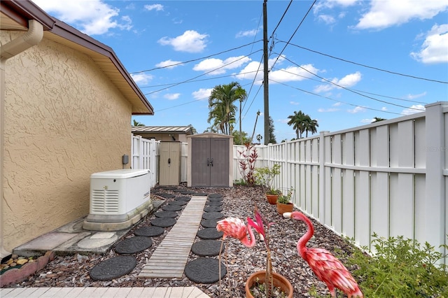 view of yard featuring a storage shed, an outbuilding, and a fenced backyard