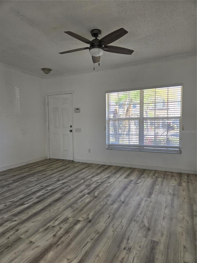 empty room with a textured ceiling, a wealth of natural light, and wood finished floors