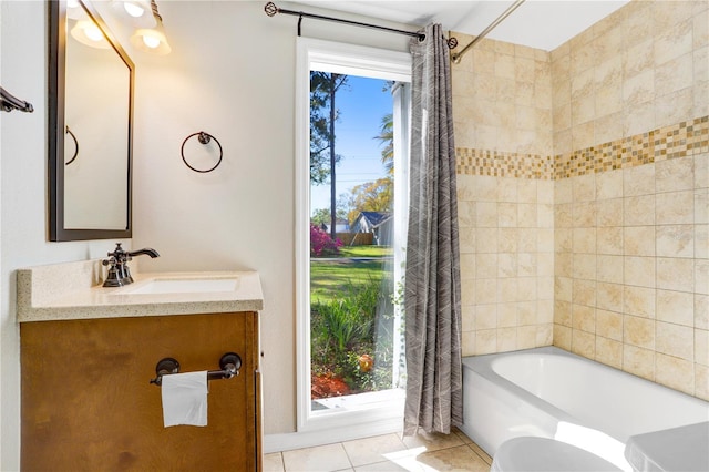 bathroom featuring vanity, tile patterned floors, shower / bathtub combination with curtain, and a wealth of natural light