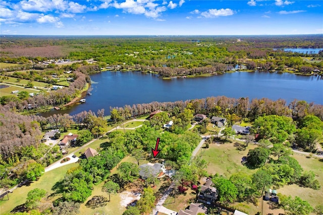 bird's eye view with a wooded view and a water view
