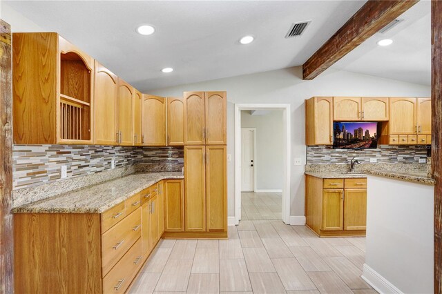 19531 Deer Lake Rd, Lutz, FL 33548 - kitchen featuring recessed lighting, tasteful backsplash, light stone countertops, a sink, and baseboards