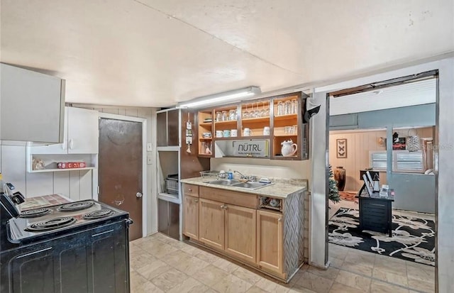 kitchen with black range with electric cooktop, light countertops, and a sink