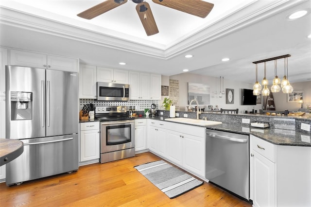 kitchen with a raised ceiling, a peninsula, stainless steel appliances, white cabinetry, and a sink