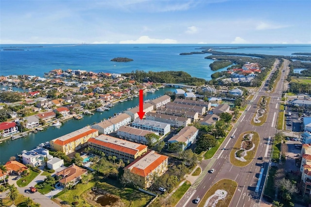 aerial view featuring a water view and a residential view