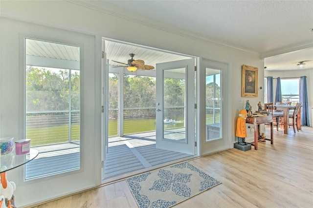 entryway with a textured ceiling, wood finished floors, a ceiling fan, and ornamental molding