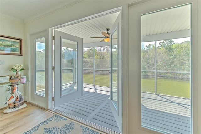 entryway featuring a wealth of natural light, wood finished floors, and crown molding