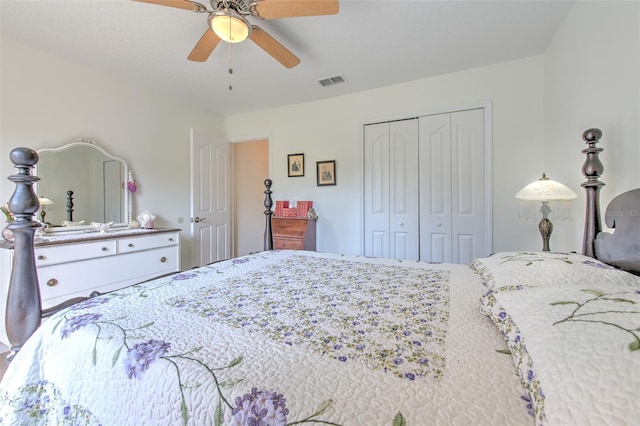 bedroom featuring a closet, visible vents, and a ceiling fan