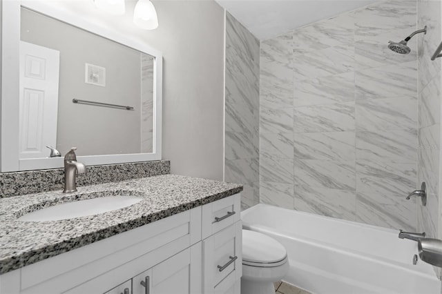 full bath featuring visible vents, vanity, toilet, and shower / bathtub combination