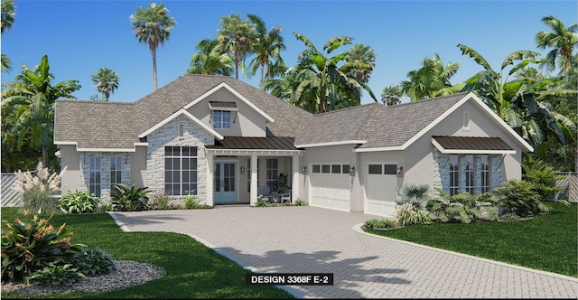 view of front of home featuring decorative driveway, stucco siding, a standing seam roof, a garage, and stone siding