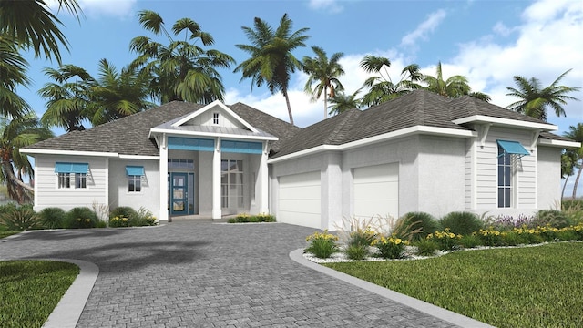 view of front of property with an attached garage, a shingled roof, and decorative driveway