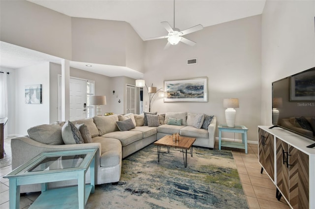 living area with light tile patterned floors, ceiling fan, high vaulted ceiling, visible vents, and baseboards