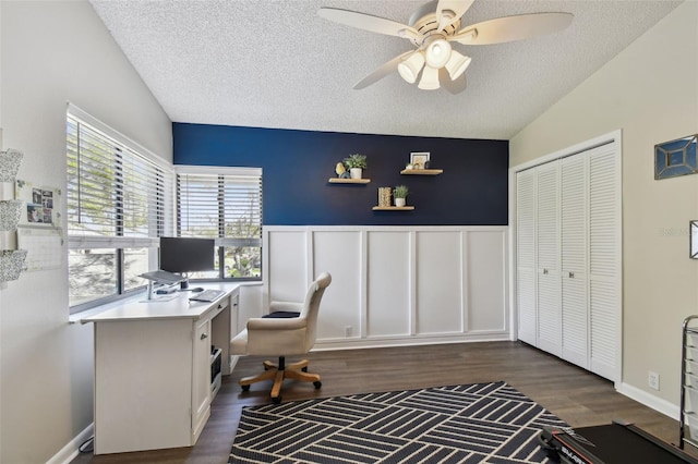 office area featuring a wealth of natural light, a textured ceiling, and wood finished floors