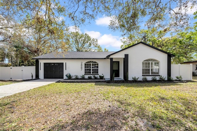 ranch-style home featuring a gate, stucco siding, driveway, and fence