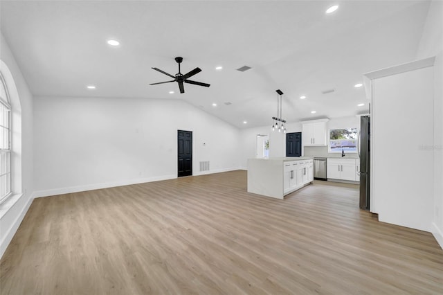 unfurnished living room with visible vents, recessed lighting, and light wood-style floors