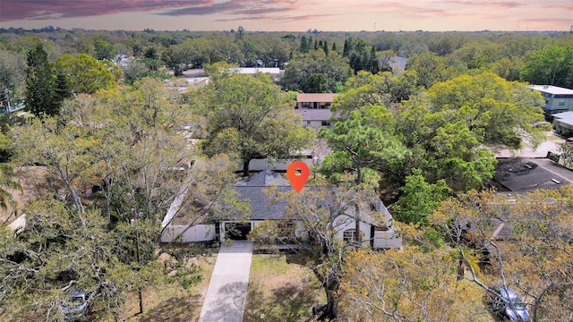 aerial view at dusk with a wooded view