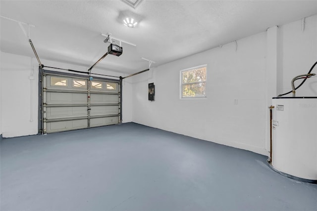 garage featuring electric panel, gas water heater, and a garage door opener