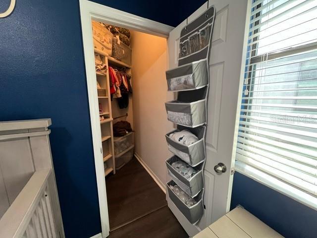 walk in closet with wood finished floors