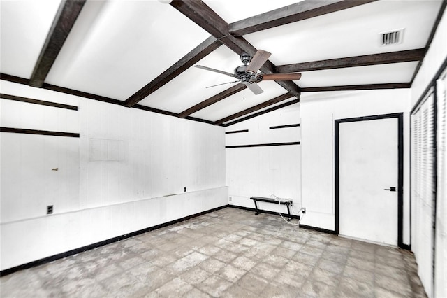 additional living space with vaulted ceiling with beams, light floors, visible vents, and a ceiling fan