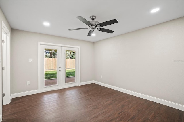 empty room with baseboards, a ceiling fan, dark wood-style floors, french doors, and recessed lighting