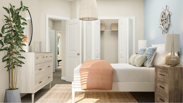 bedroom with dark colored carpet and a closet