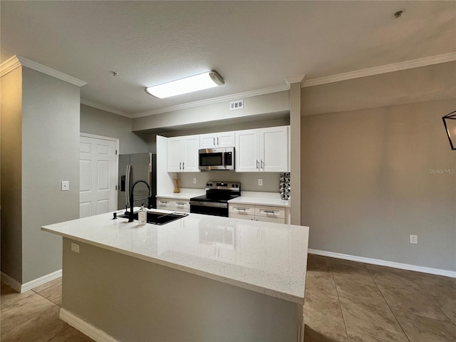 kitchen featuring visible vents, appliances with stainless steel finishes, ornamental molding, white cabinets, and a sink