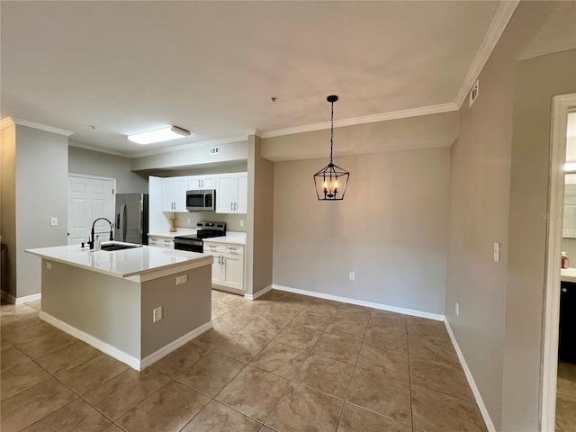 kitchen featuring appliances with stainless steel finishes, a sink, white cabinets, and crown molding