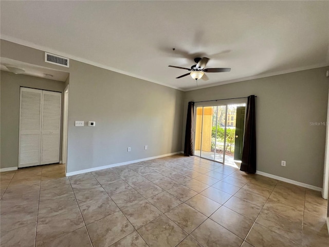 unfurnished room featuring light tile patterned floors, baseboards, visible vents, ceiling fan, and ornamental molding