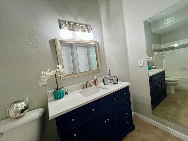 full bathroom with visible vents, baseboards, toilet, tile patterned flooring, and vanity