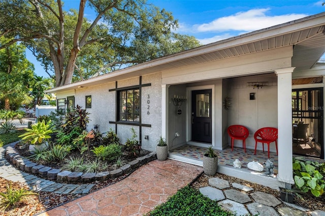 view of exterior entry featuring stucco siding