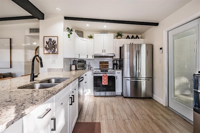 kitchen with stainless steel appliances, visible vents, decorative backsplash, a sink, and under cabinet range hood