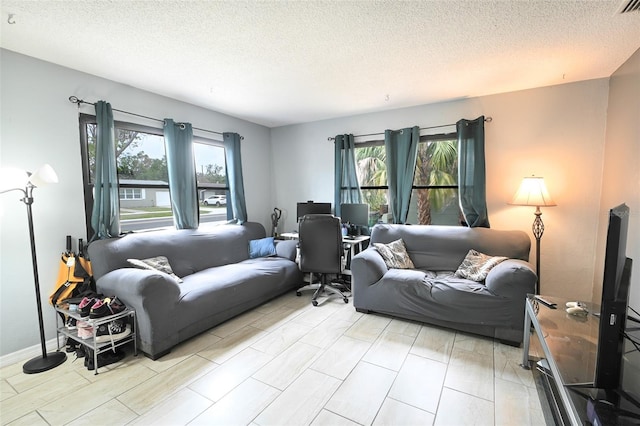 living area with plenty of natural light, baseboards, and a textured ceiling