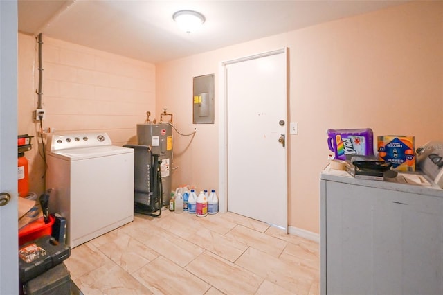 clothes washing area featuring electric panel, laundry area, electric water heater, and washing machine and clothes dryer