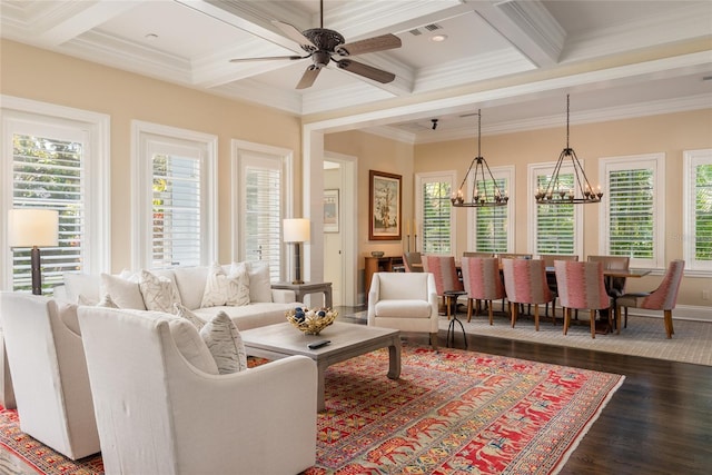 living room with coffered ceiling, a healthy amount of sunlight, visible vents, and dark wood finished floors