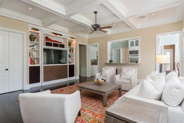 living room featuring coffered ceiling, wood finished floors, beam ceiling, and crown molding