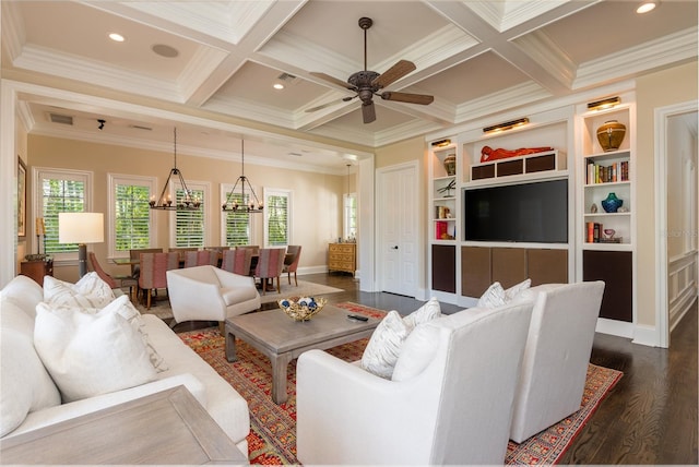 living room featuring dark wood-style flooring, coffered ceiling, visible vents, beamed ceiling, and crown molding