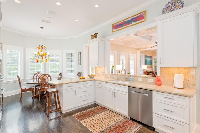 kitchen with dark wood-style floors, a peninsula, crown molding, stainless steel dishwasher, and a sink