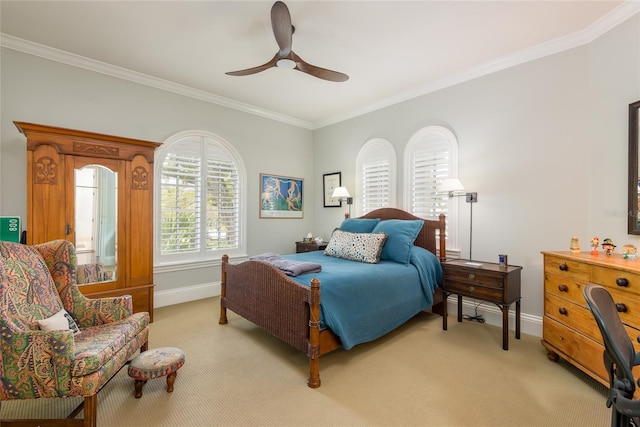 bedroom featuring ceiling fan, baseboards, ornamental molding, and light colored carpet