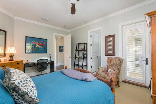 carpeted bedroom featuring visible vents, ornamental molding, and a ceiling fan