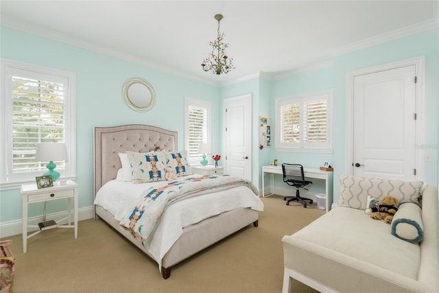 bedroom featuring light carpet, multiple windows, and crown molding