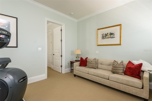 living area with baseboards, carpet flooring, and crown molding