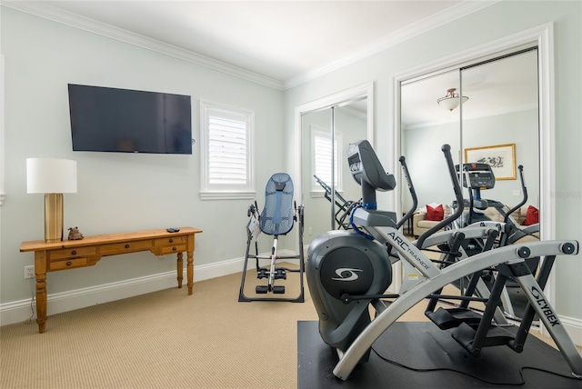 exercise room with carpet, baseboards, and crown molding