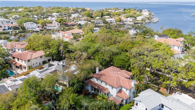 birds eye view of property with a water view and a residential view