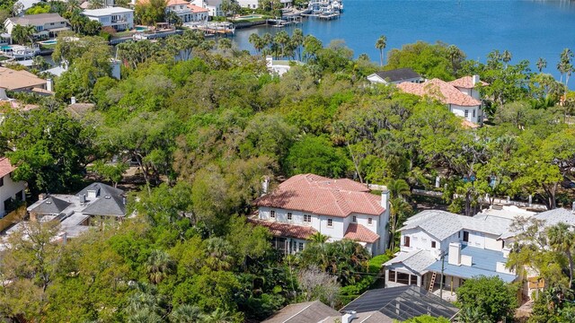 aerial view with a water view and a residential view