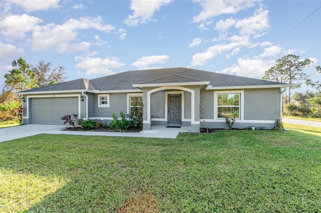 ranch-style home featuring driveway, a front lawn, and stucco siding